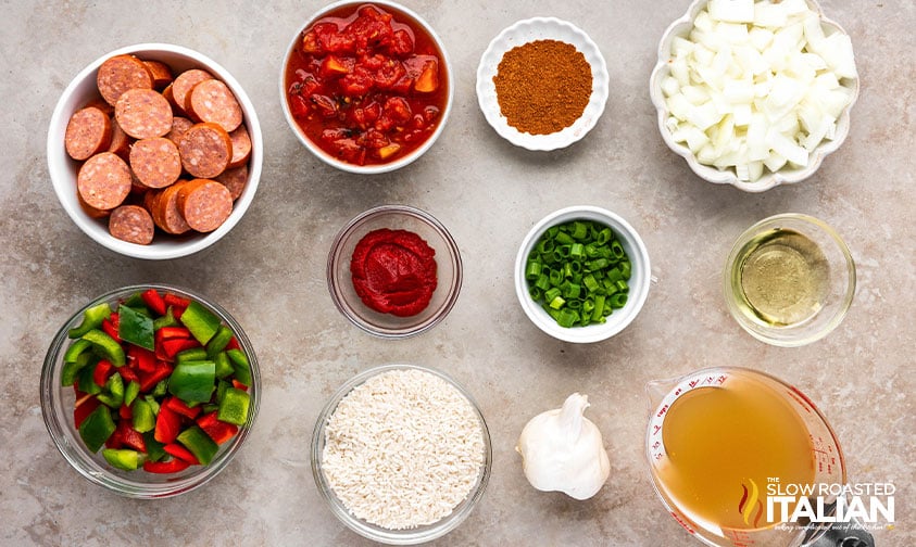 ingredients for cajun sausage and rice skillet