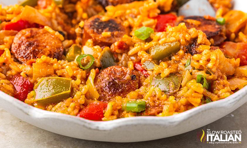cajun sausage and rice in a large serving bowl