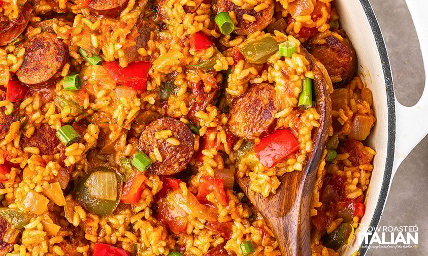 closeup of cajun sausage and rice skillet