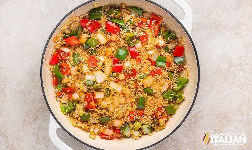 sauteed veggies and rice in a skillet