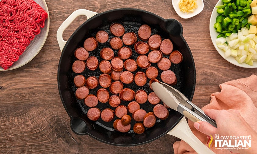 browned kielbasa in skillet