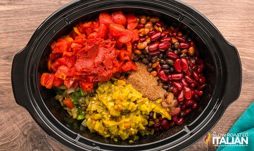 all steak chili ingredients in a large crockpot