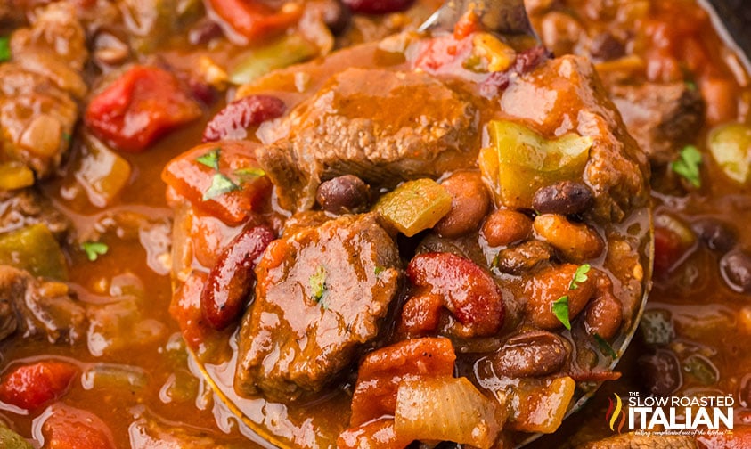 closeup of crockpot steak chili