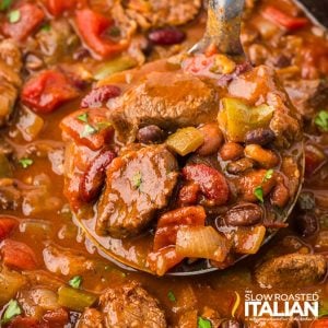 closeup of crockpot steak chili in a ladel