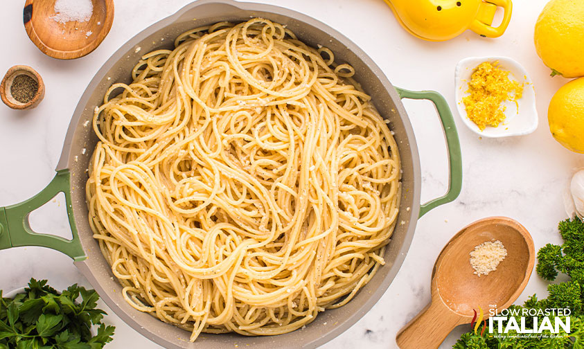 mixed lemon pasta in a skillet