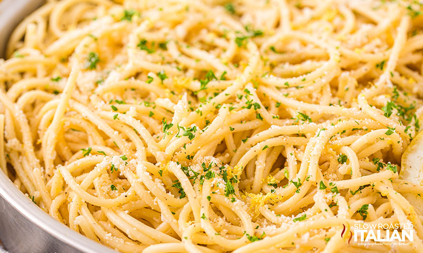 closeup of lemon pasta in a skillet