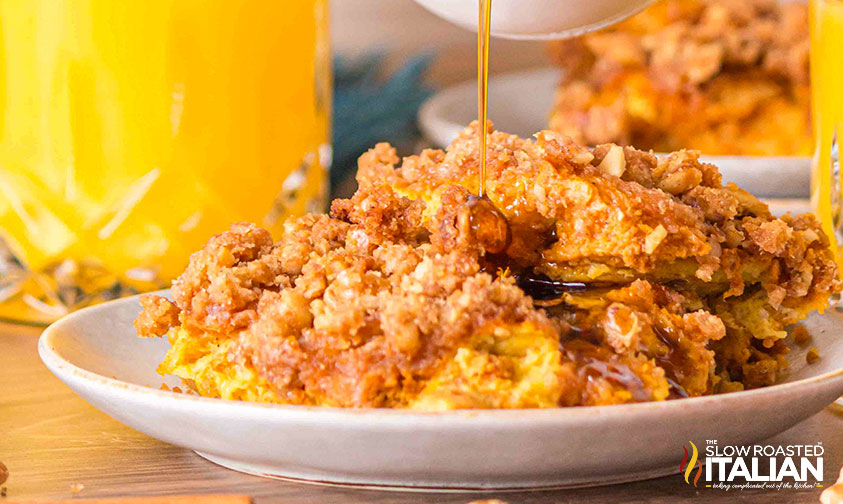 closeup of pumpkin pie french toast casserole on a plate