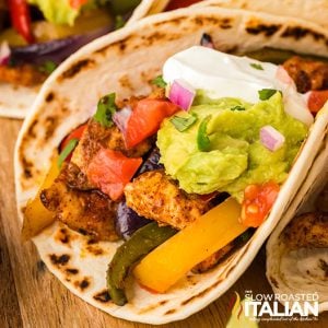 closeup of sheet pan chicken fajitas