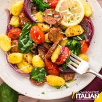 closeup of sheet pan gnocchi