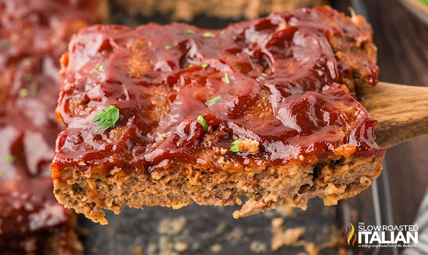 closeup of a slice of best meatloaf recipe