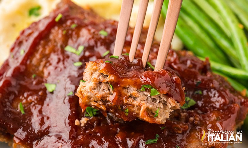 closeup of sheet pan meatloaf on a fork