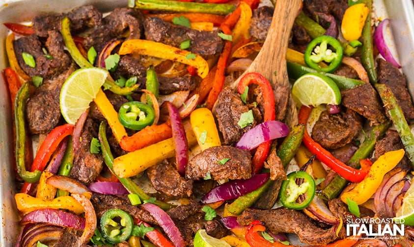 closeup of sheet pan steak fajitas