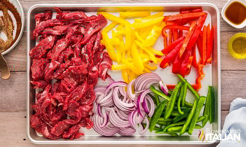 steak and vegies on a sheet pan