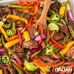 closeup of sheet pan steak fajitas