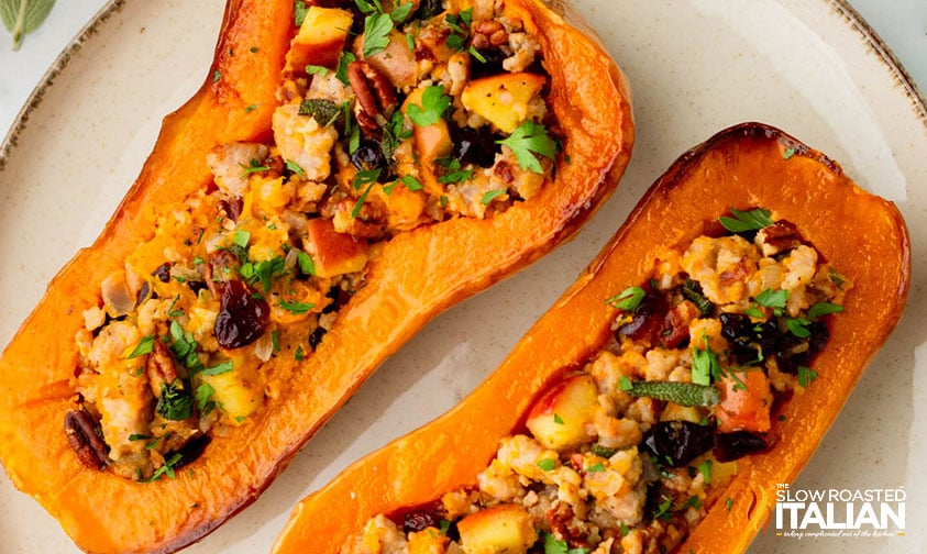 closeup of stuffed butternut squash on a plate