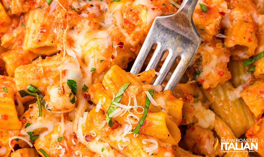 closeup of cheesy pasta bake