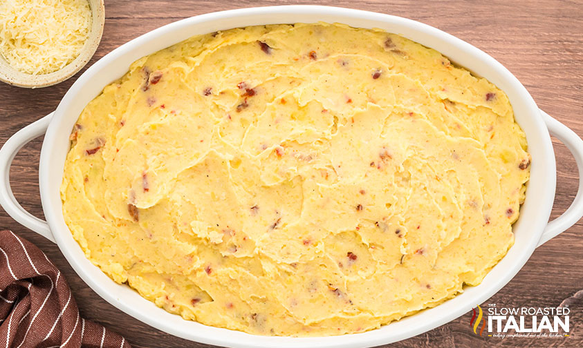 baked mashed potatoes in a a casserole dish