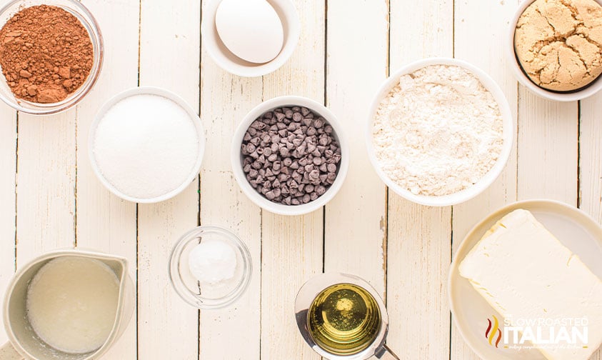 measured ingredients for black bottom cupcakes recipe