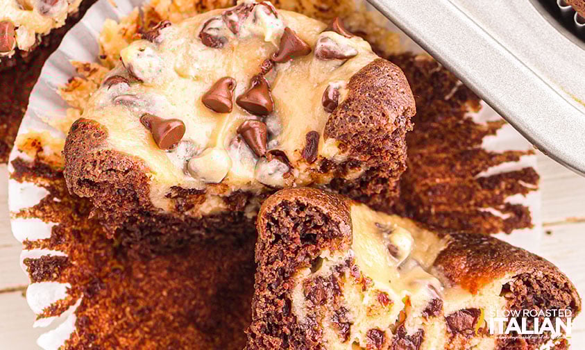 closeup of a slice black bottom cupcake