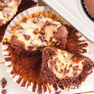 black bottom cupcakes sliced in half