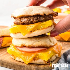 closeup of stacked freezer breakfast sandwiches