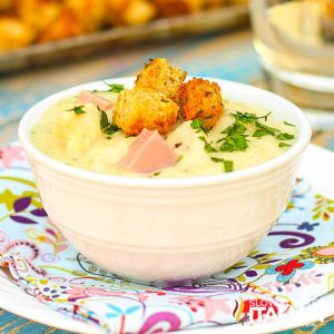 bowl of chicken cordon bleu soup closeup
