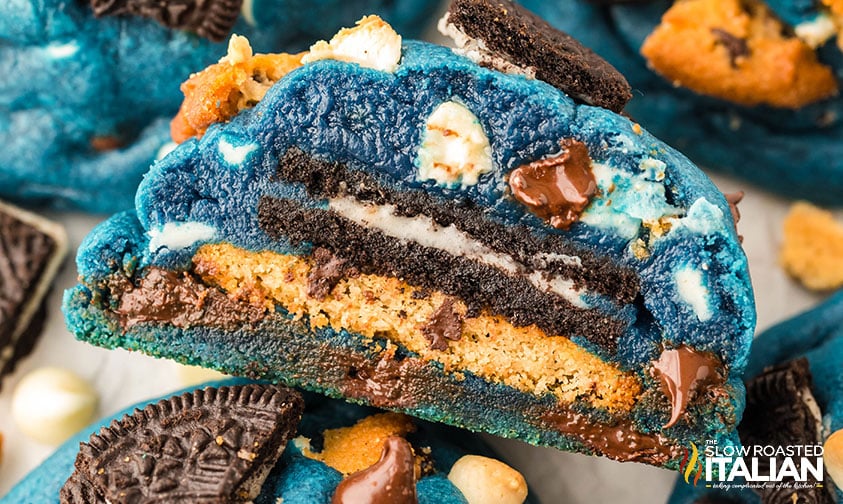 closeup up of a cookie monster cookies sliced in half