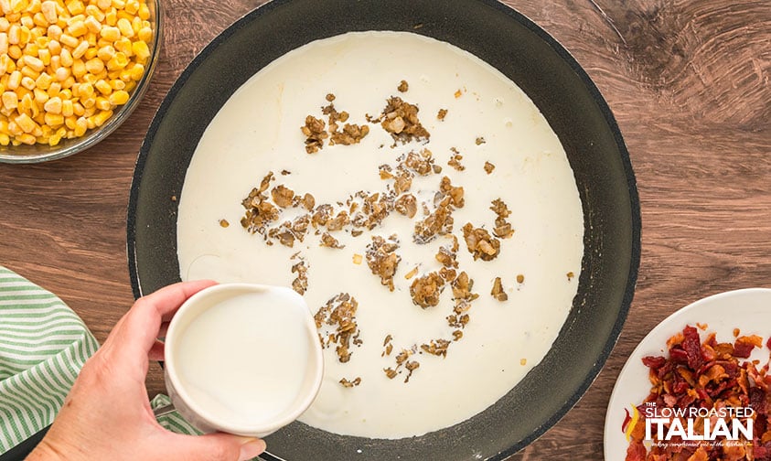 making cream sauce for corn and bacon casserole