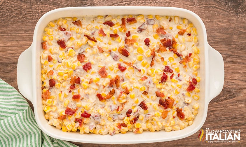 corn and bacon casserole ready for the oven