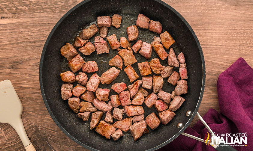 seared steak bites in a skillet