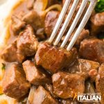 closeup of crockpot steak bites