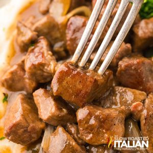 closeup of crockpot steak bites