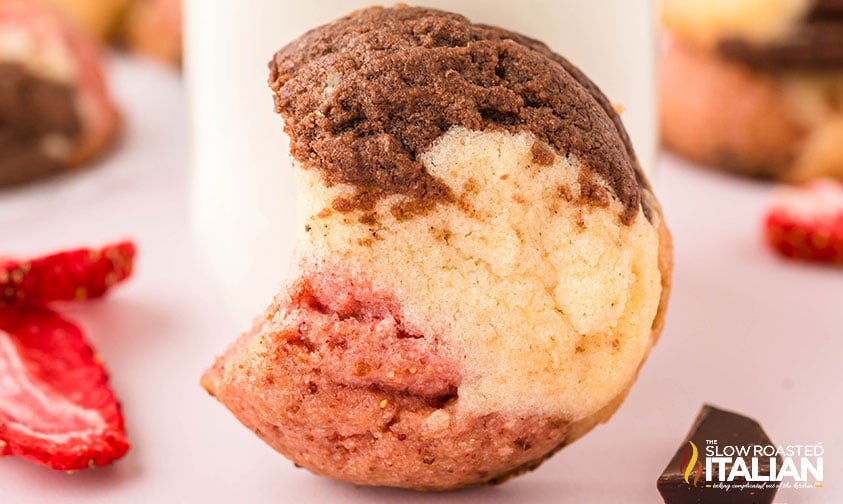 closeup of a bitten neapolitan cookie