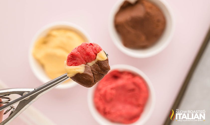 neapolitan cookie dough in a cookie scoop