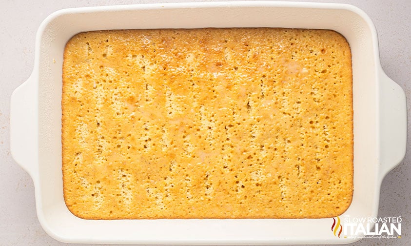 baked eggnog tres leches cake in baking dish