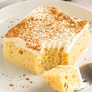closeup of eggnog tres leches cake recipe