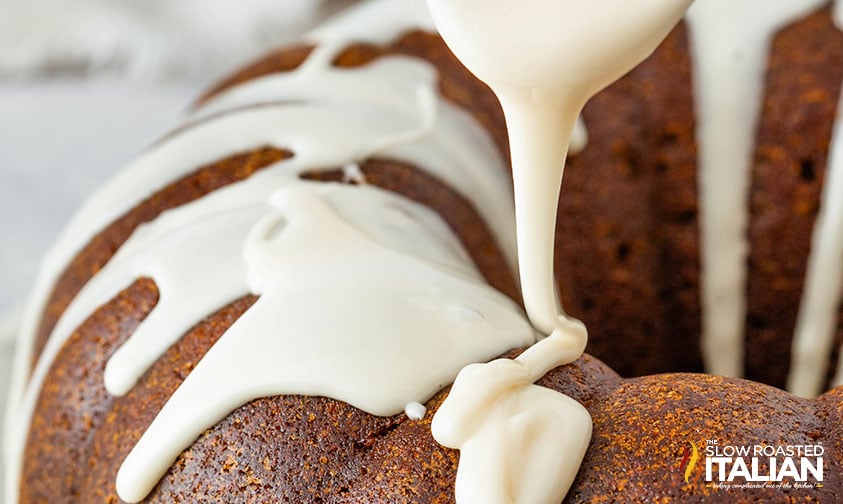 drizzling gingerbread bundt cake with icing