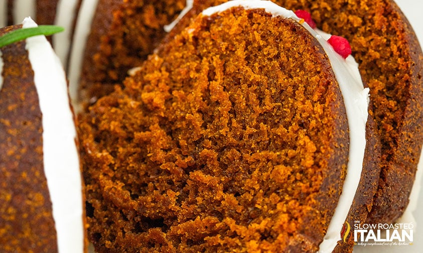 closeup of sliced gingerbread bundt cake