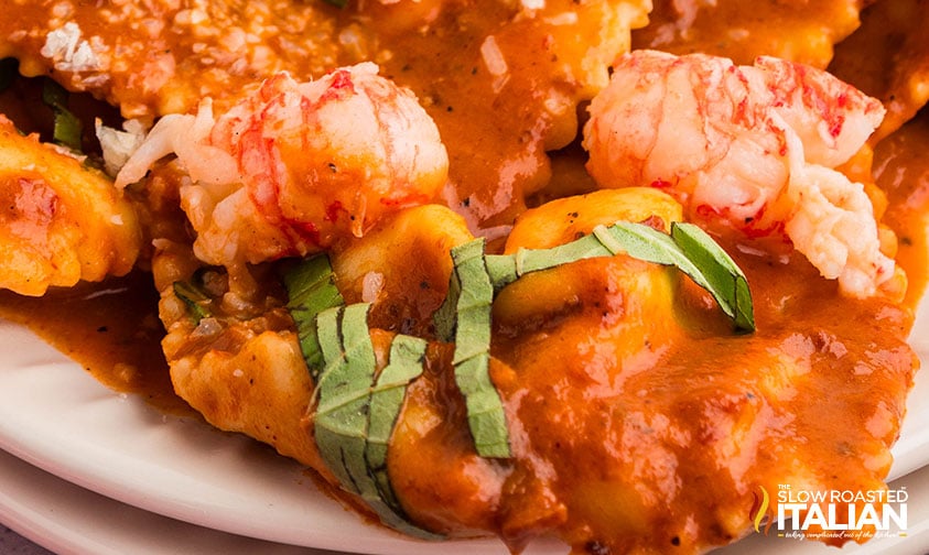 closeup of lobster ravioli smothered with marinara sauce
