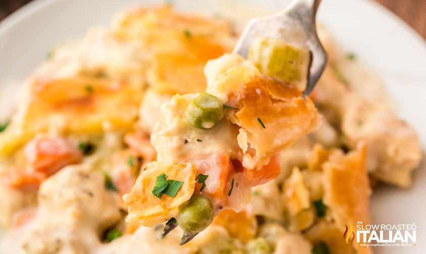 closeup of sheet pan chicken pot pie