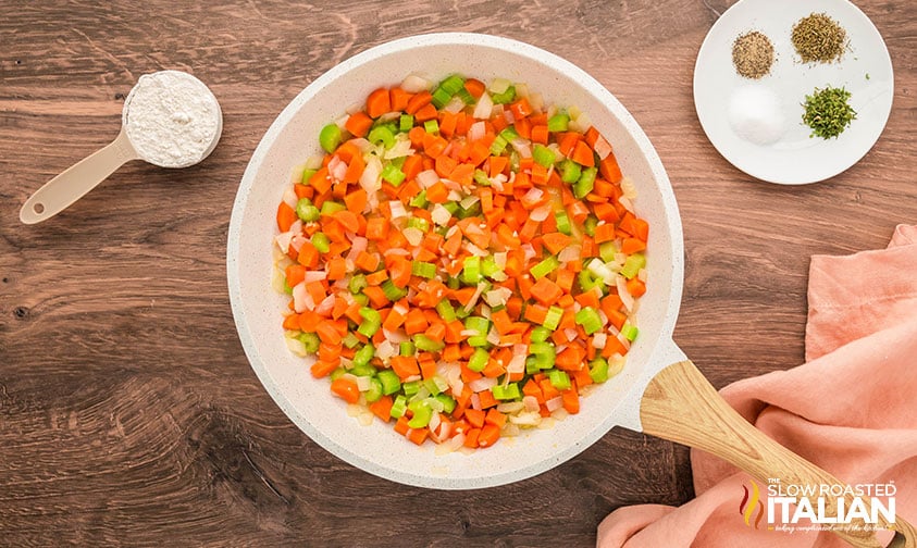sauteed carrots, onion and celery in a large skillet