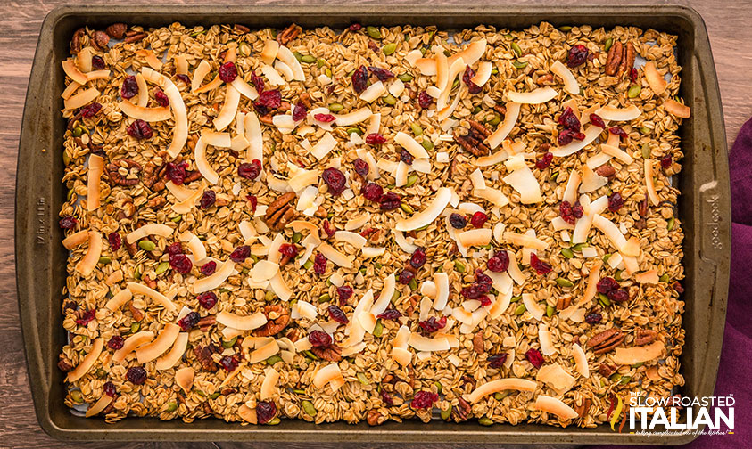 homemade granola baked on a baking sheet