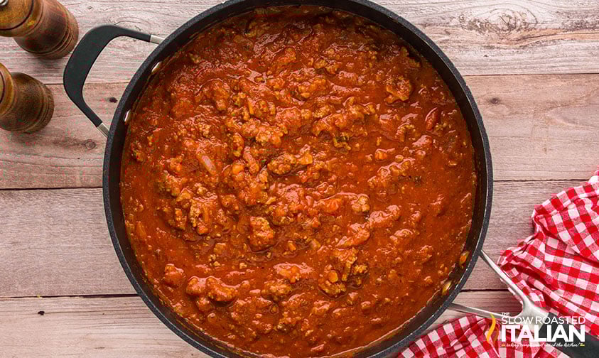 sheet pan lasagna meat sauce in a skillet