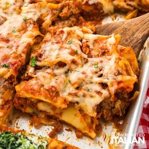 Closeup of sheet pan lasagna recipe