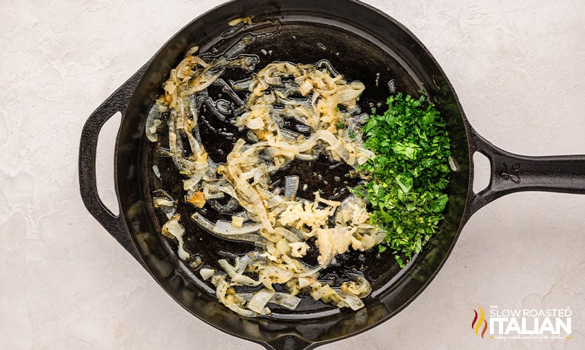 caramelized onions, rosemary and salt in a cast iron skillet