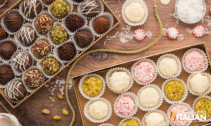 boxes filled with chocolate and white chocolate truffles