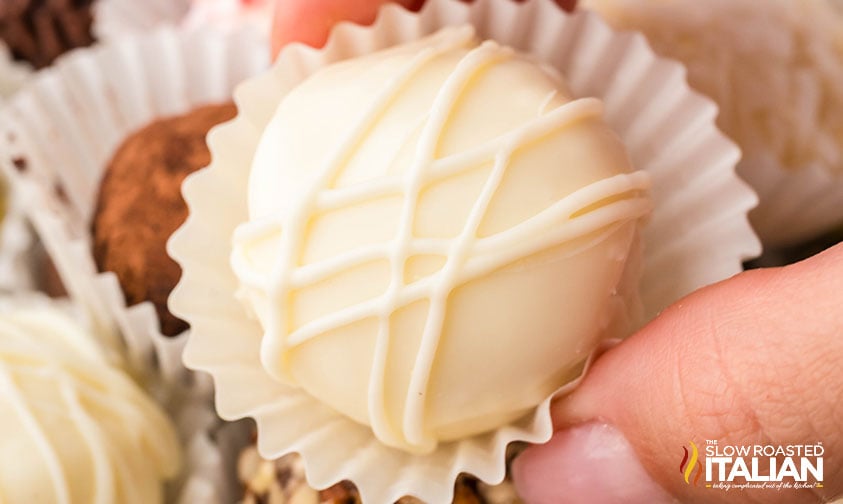 white chocllate truffles with white chocolate drizzle