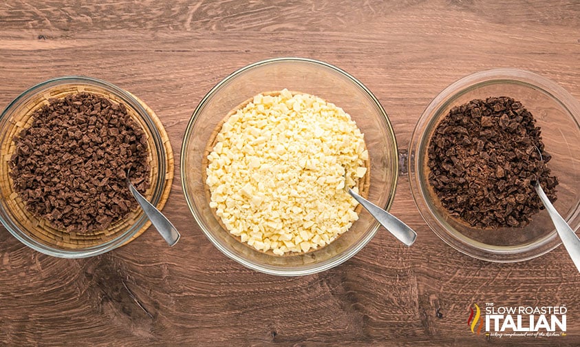 3 types of chopped chocolate for white chocolate truffles