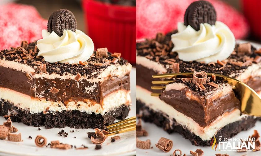 image collage: cutting a piece of chocolate lasagna with a fork