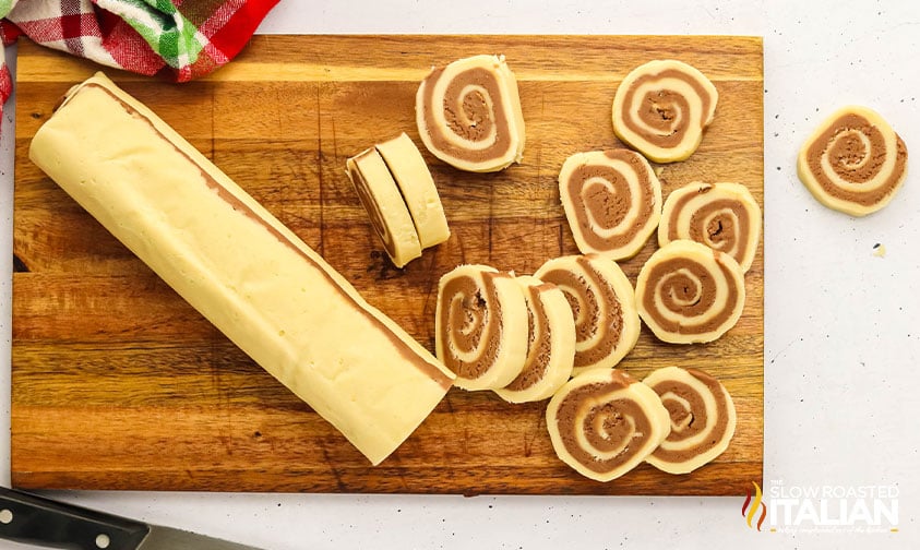 sliced chocolate pinwheel cookies dough